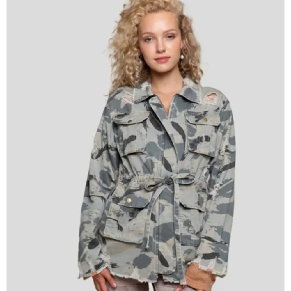 Pol Distressed Green Camo Cotton Utility Jacket Shacket Zipper Size S